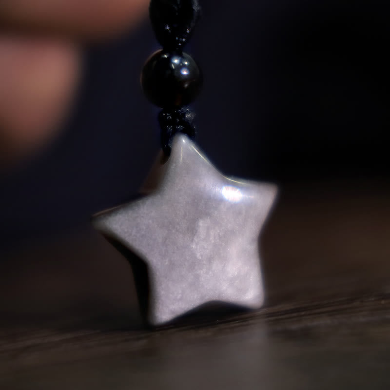 Colgante de collar de protección de luna creciente con estrella de obsidiana brillante de plata natural con Buddha Stones
