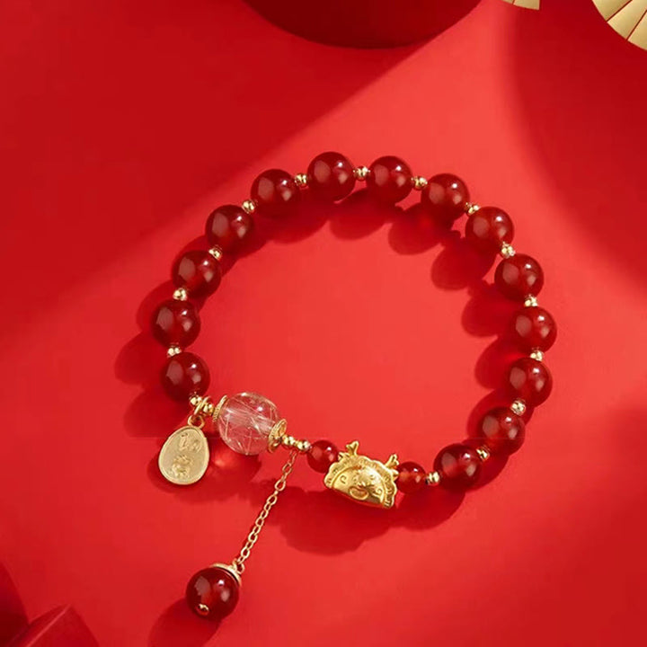 Buddha Stones Año del Dragón Dumpling Ágata Roja Natural Granate Hetian Jade Fu Personaje Suerte Éxito Pulsera