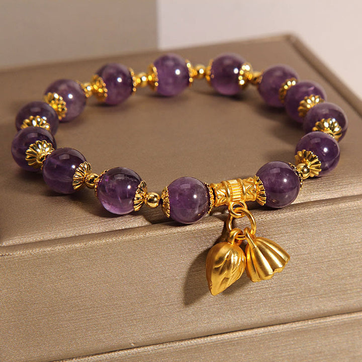 Pulsera espiritual curativa de loto y amatista natural con Buddha Stones