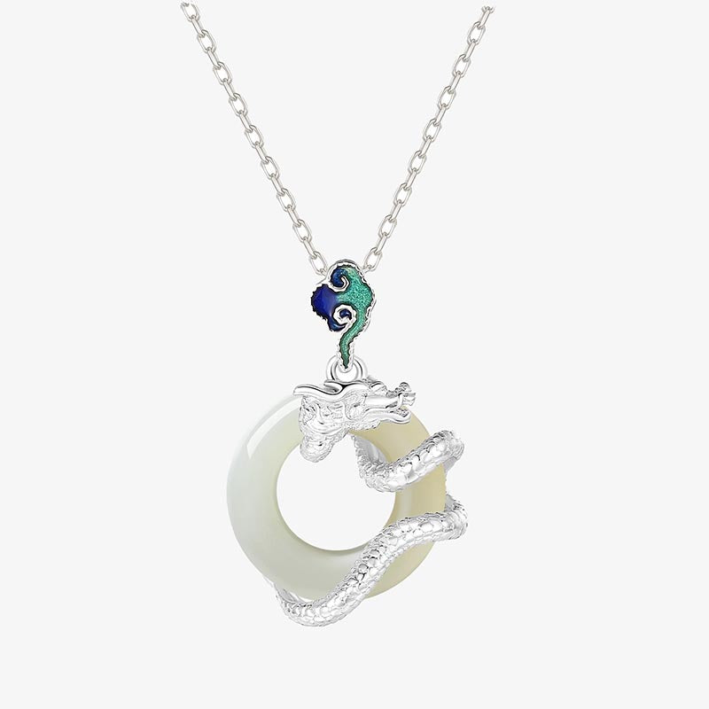 Buddha Stones Año del Dragón Plata de Ley 925 Hetian Jade blanco hebilla de la paz nubes auspiciosas colgante de collar de éxito