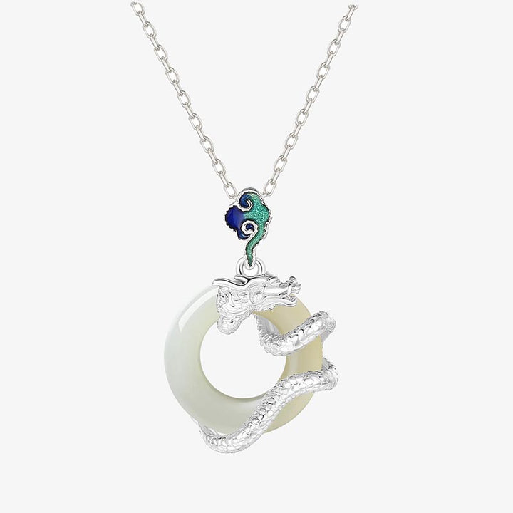 Buddha Stones Año del Dragón Plata de Ley 925 Hetian Jade blanco hebilla de la paz nubes auspiciosas colgante de collar de éxito