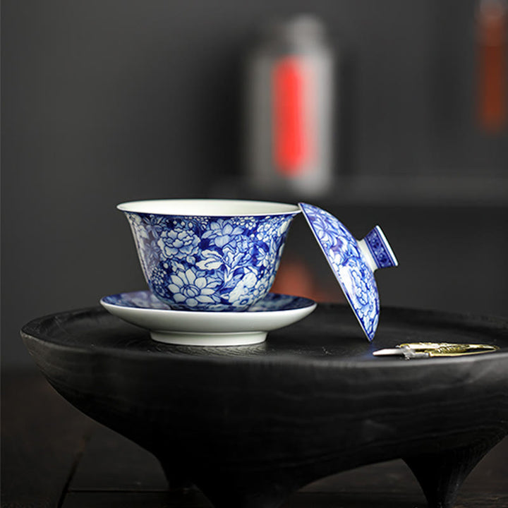 Taza de té y platillo de cerámica Gaiwan Sancai, porcelana azul y blanca Vintage, Buddha Stones , Kung Fu, con tapa