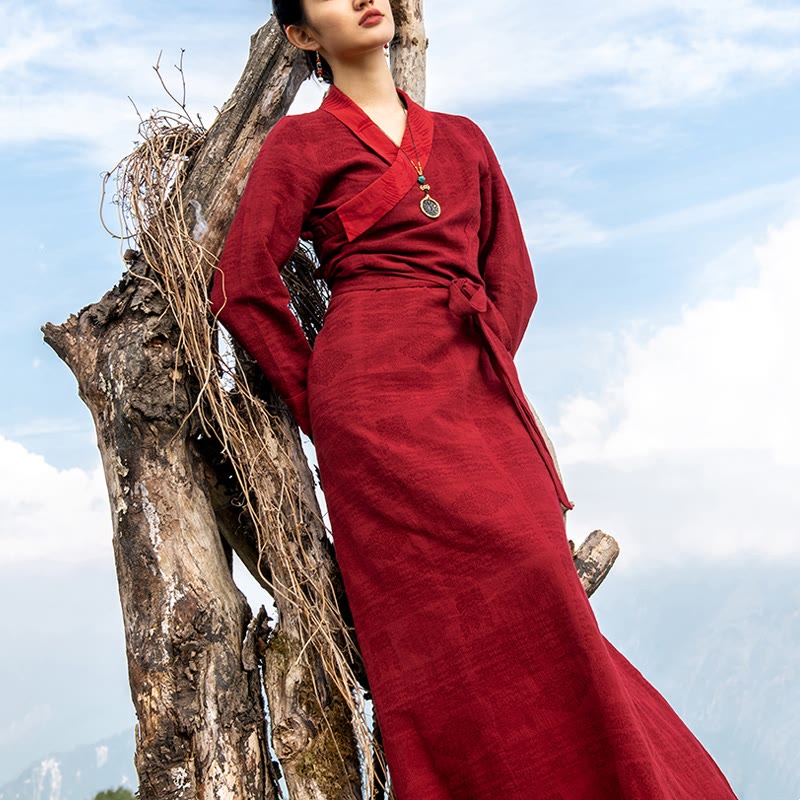 Vestido tibetano con Buddha Stones, vestido largo de Lhasa, vestido largo, ropa de mujer - Rojo (patrón de nubes auspicioso) - US8-10, UK/AU12-14, EU40-42 (XL) - image 0