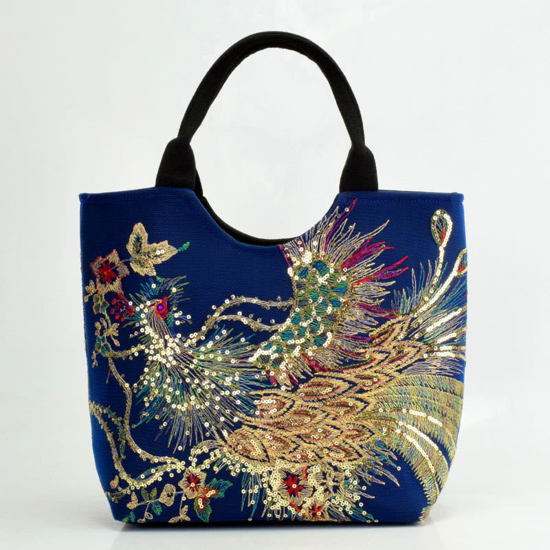 Bolso de mano con bordado de doble cara de pavo real con Buddha Stones, bolso bandolera