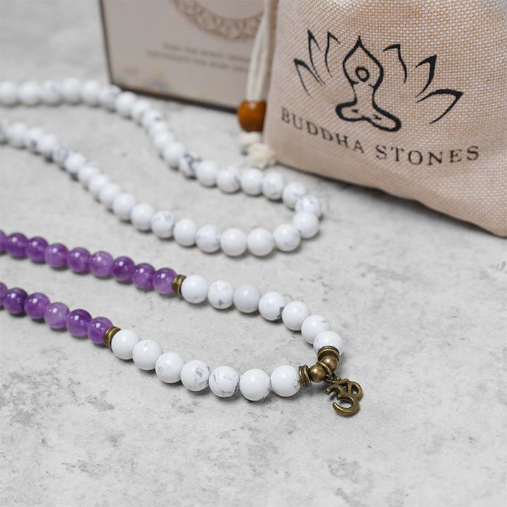 108 cuentas Mala amatista turquesa blanca OM pulsera de energía de meditación curativa