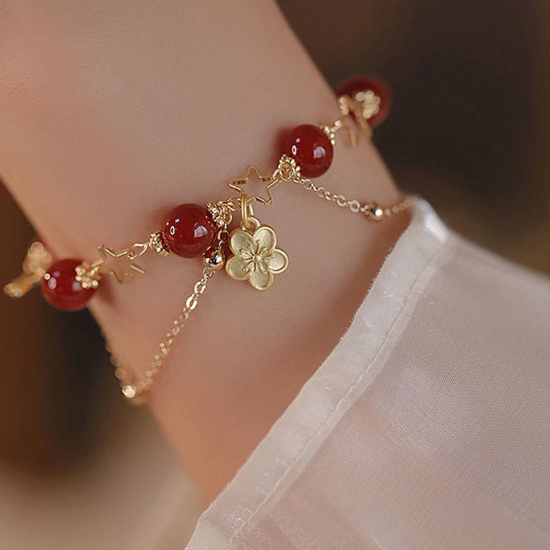 Pulsera tranquila con dije de flor de estrella de ágata roja chapada en oro de 14 Buddha Stones