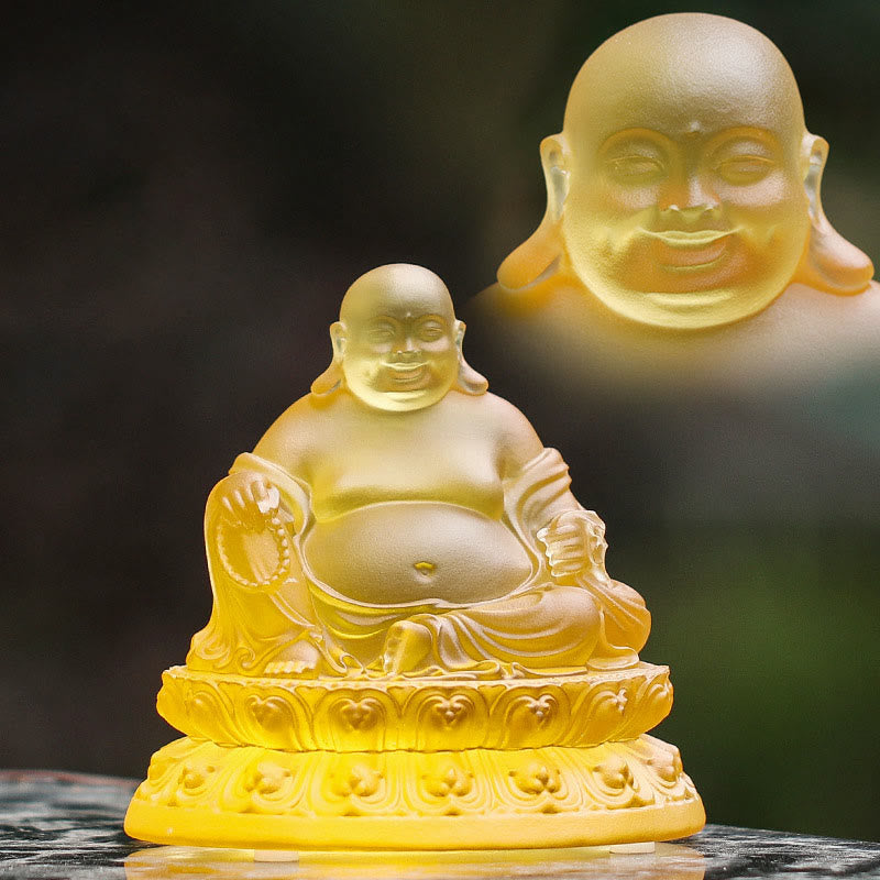 Buddha Stones hechas a mano, estatuilla de Buda sonriente, pieza de arte de cristal Liuli, estatua de riqueza, decoración del hogar - Pequeño 10,2*8,5*10,5 cm - image 0