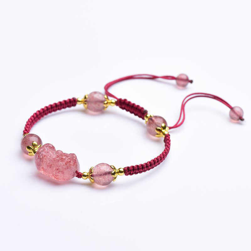 Pulsera de hilo rojo de la suerte con dije de Pixiu de cristal de fresa Natural con Buddha Stones