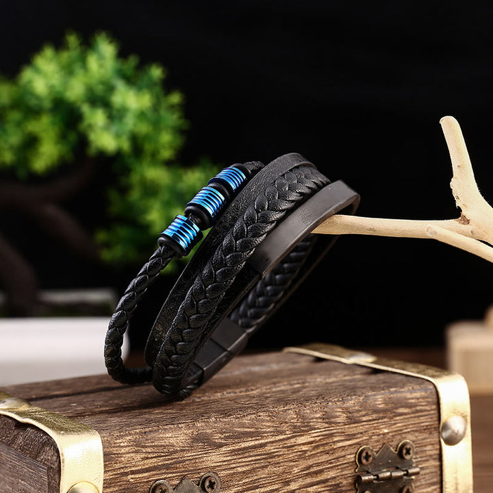 Pulsera con hebilla magnética trenzada con equilibrio de acero y titanio multicapa de cuero con Buddha Stones