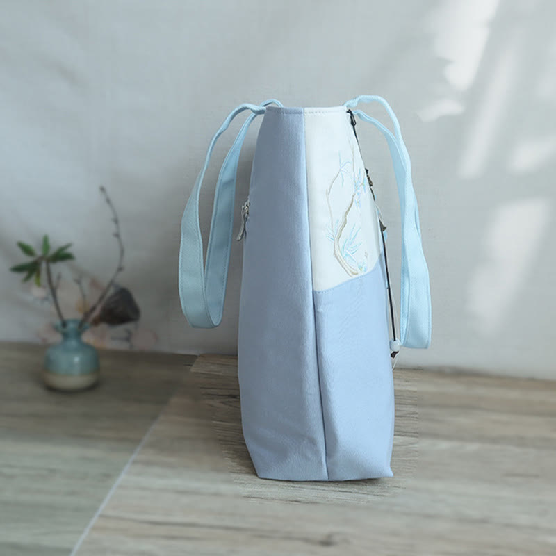 Bolso de hombro de gran capacidad con bordado de bambú, flor de pera, ciruelo, flor de melocotón, bolso de mano