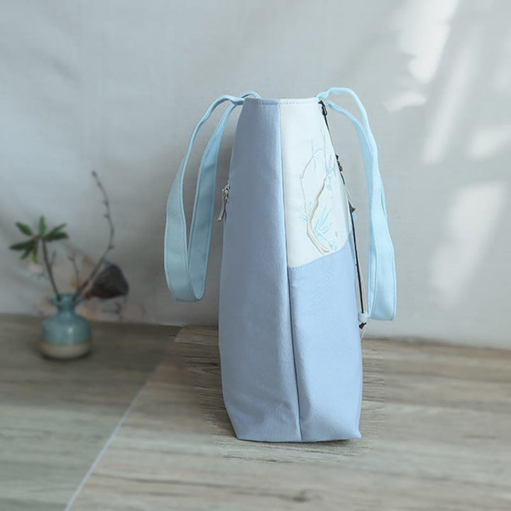 Bolso de hombro de gran capacidad con bordado de bambú, flor de pera, ciruelo, flor de melocotón, bolso de mano