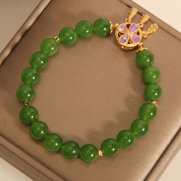 Pulsera de la suerte con trébol de cuatro hojas y atrapasueños de jade verde con Buddha Stones