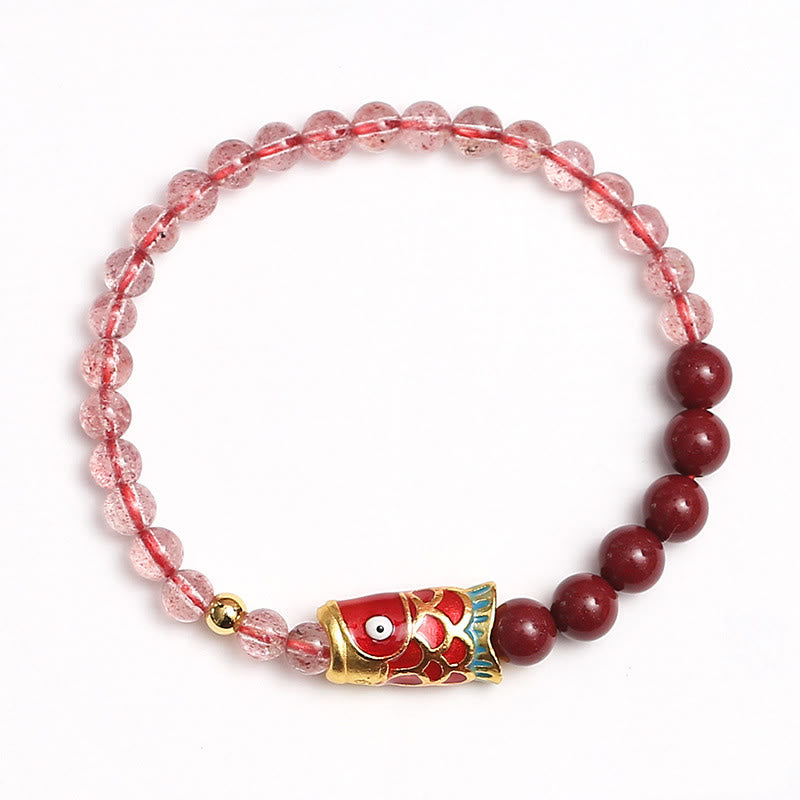 Pulsera curativa de peces Koi de la suerte, cinabrio, cuarzo fresa Natural, Buddha Stones