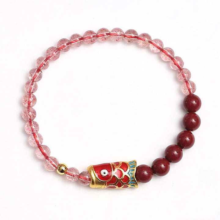 Pulsera curativa de peces Koi de la suerte, cinabrio, cuarzo fresa Natural, Buddha Stones
