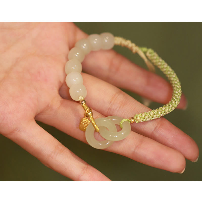 Pulsera trenzada con doble hebilla de paz y cuentas de jade hetiano natural, Buddha Stones, carácter Fu, abundancia