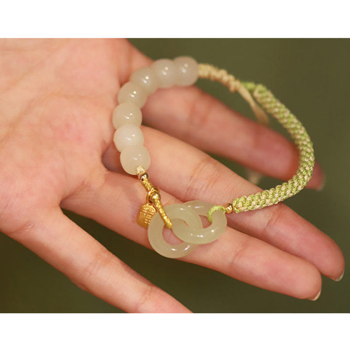 Pulsera trenzada con doble hebilla de paz y cuentas de jade hetiano natural, Buddha Stones, carácter Fu, abundancia