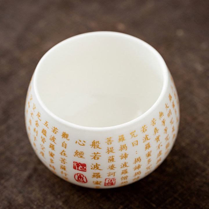 Taza de té y platillo con tapa, taza de té de cerámica Gaiwan, Sutra del corazón budista, Buddha Stones , pequeño personaje Fu, Kung Fu