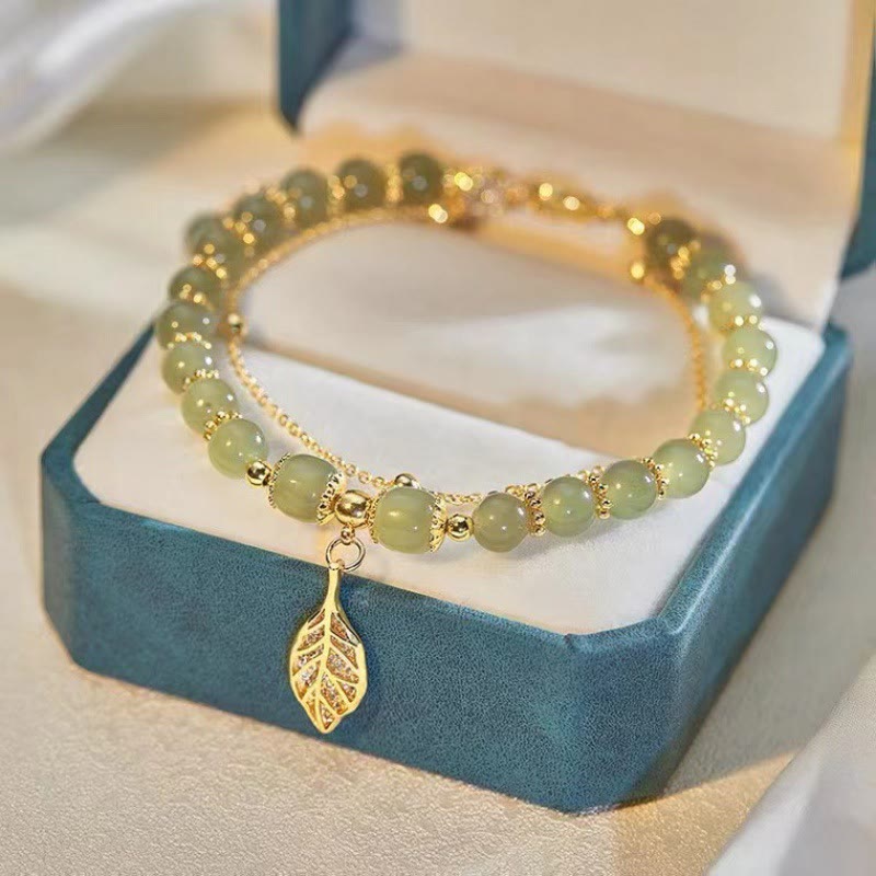Pulsera con cuentas de la suerte, con Buddha Stones, hoja de jade, Ginkgo, tulipán, cacahuete, Fu - Hoja dorada y jade - image 0