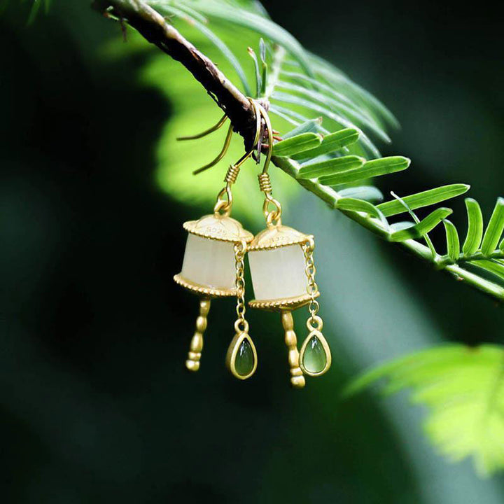 Pendientes colgantes de la suerte con rueda de oración de jade de plata de ley 925 con Buddha Stones