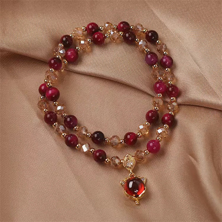 Pulsera de doble vuelta con protección de zorro y ojo de tigre rojo con Buddha Stones