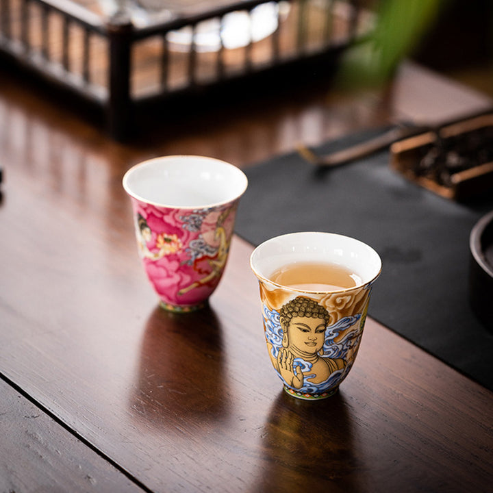 Taza de té de Kung Fu con Buddha Stones, color Dunhuang, Apsaras voladoras
