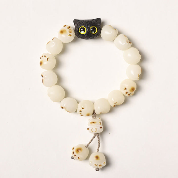 Pulsera de sabiduría de gato de la suerte, madera de ébano, semilla Bodhi Natural, Buddha Stones - Semilla de Bodhi blanca - Versión con borlas (circunferencia de muñeca 14-15 cm) - image 18