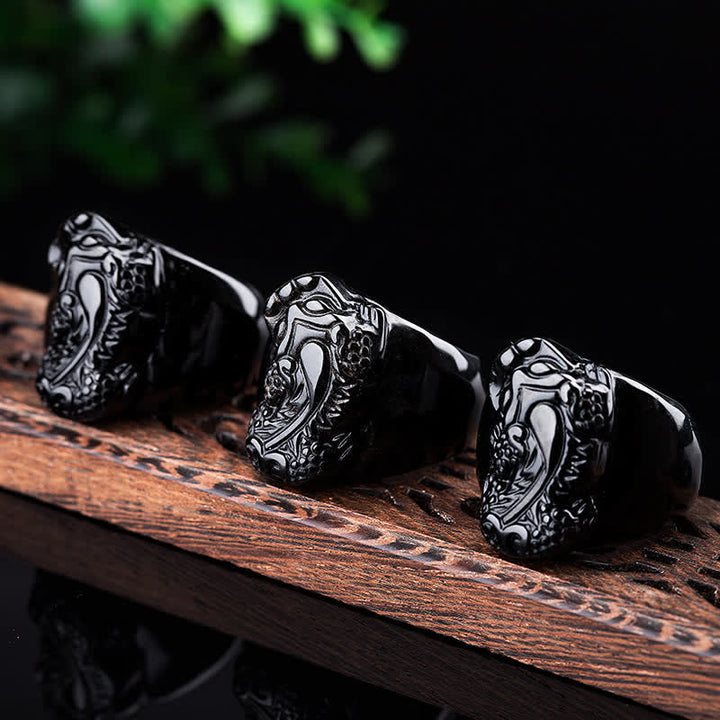Anillo de fuerza de obsidiana negra FengShui PiXiu