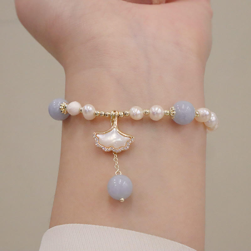 Pulsera con dije de mariposa y hoja de Ginkgo curativa con perlas de aguamarina naturales y Buddha Stones