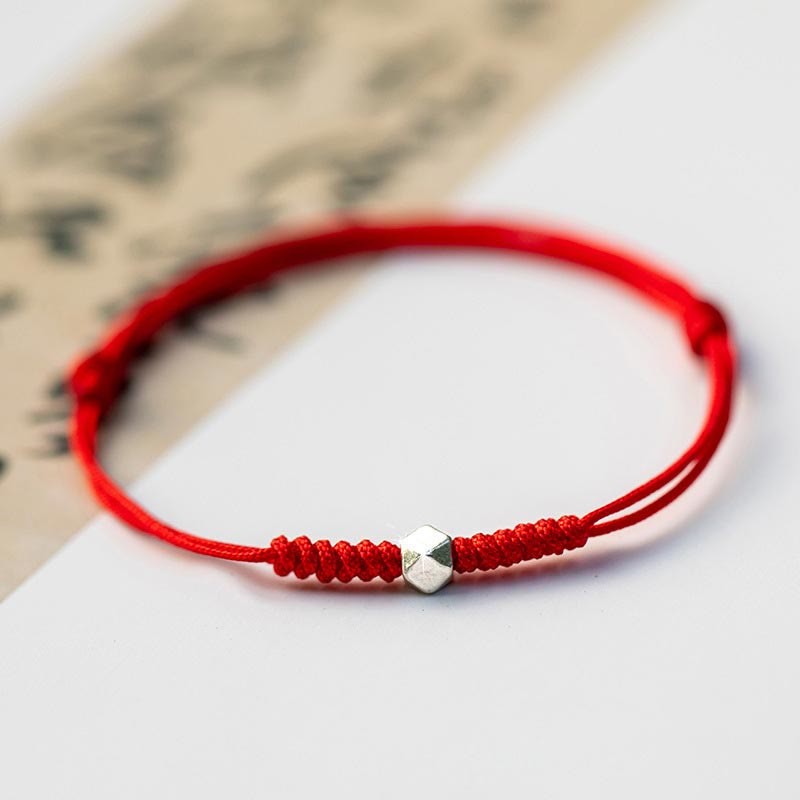 Pulsera trenzada de cordón fino rojo con cuentas de la suerte y Buddha Stones de plata de ley 925. - Cuenta cuadrada - Rojo (circunferencia de la muñeca: 14-18 cm) - image 11