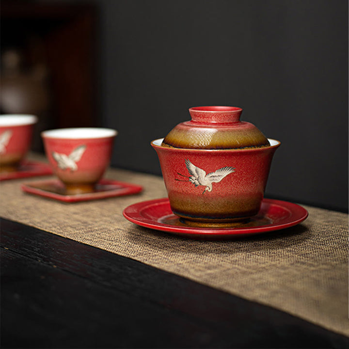Taza de té y platillo con tapa, Gaiwan Sancai de cerámica con grulla roja, Buddha Stones, Kung Fu