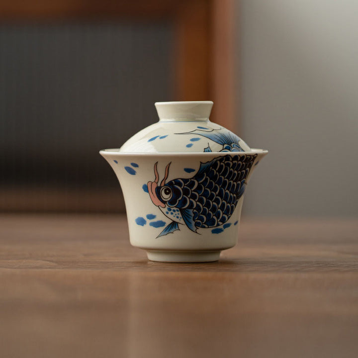 Buddha Stones Koi Arowana cerámica Gaiwan Sancai taza de té Kung Fu con tapa 130ml