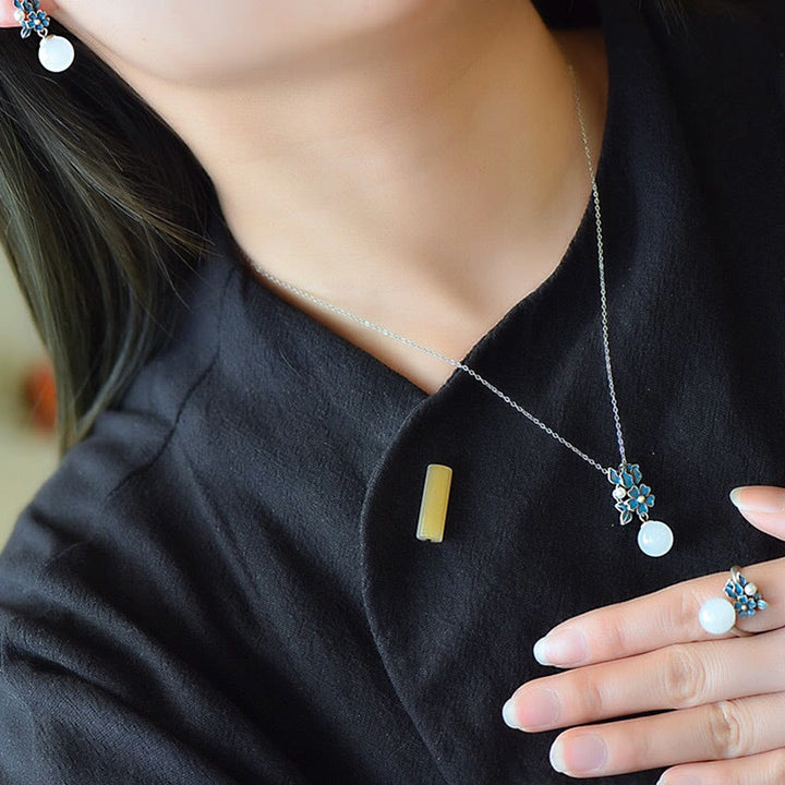 Buddha Stones Jade blanco Plata de ley 925 Perla Flor Bendición Collar Colgante Anillo Pendientes