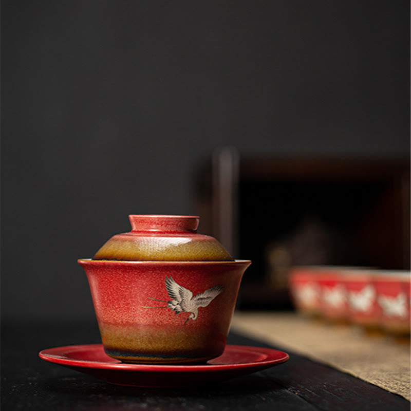 Taza de té y platillo con tapa, Gaiwan Sancai de cerámica con grulla roja, Buddha Stones, Kung Fu