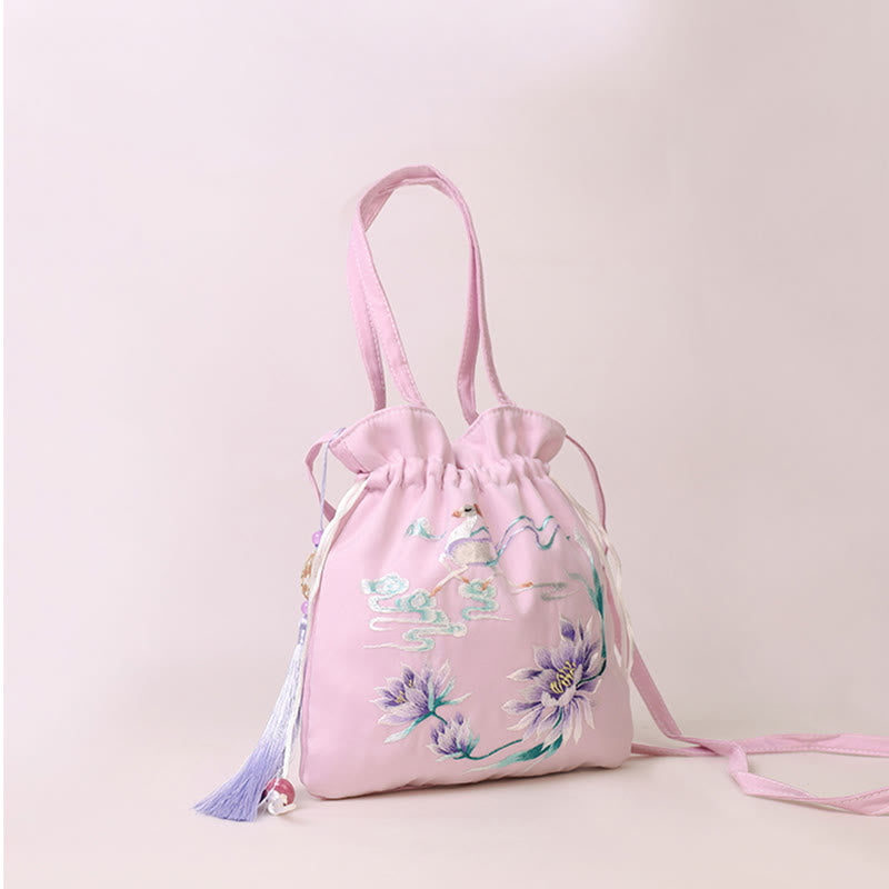 Buddha Stones Suzhou bordado Lotus Deer Epiphyllum peonía conejo algodón lino bolso bandolera bolso de hombro