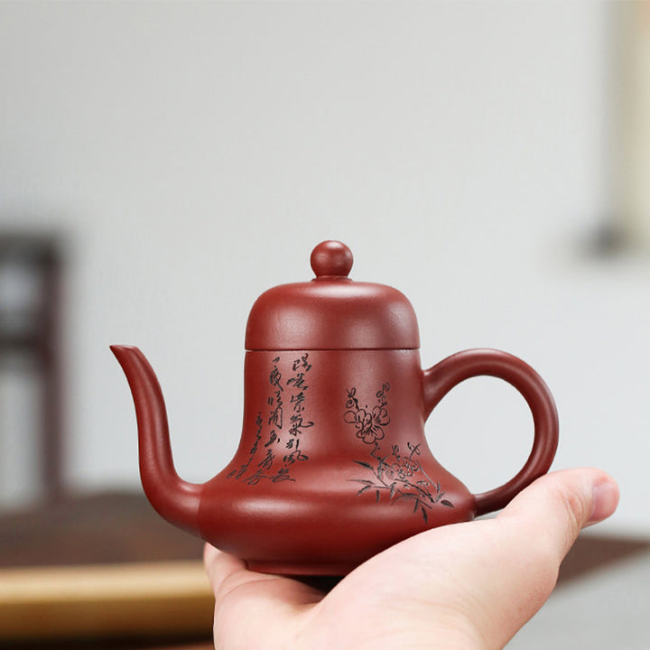 Tetera de kungfú de arcilla púrpura con flor de melocotón de bambú Vintage con Buddha Stones