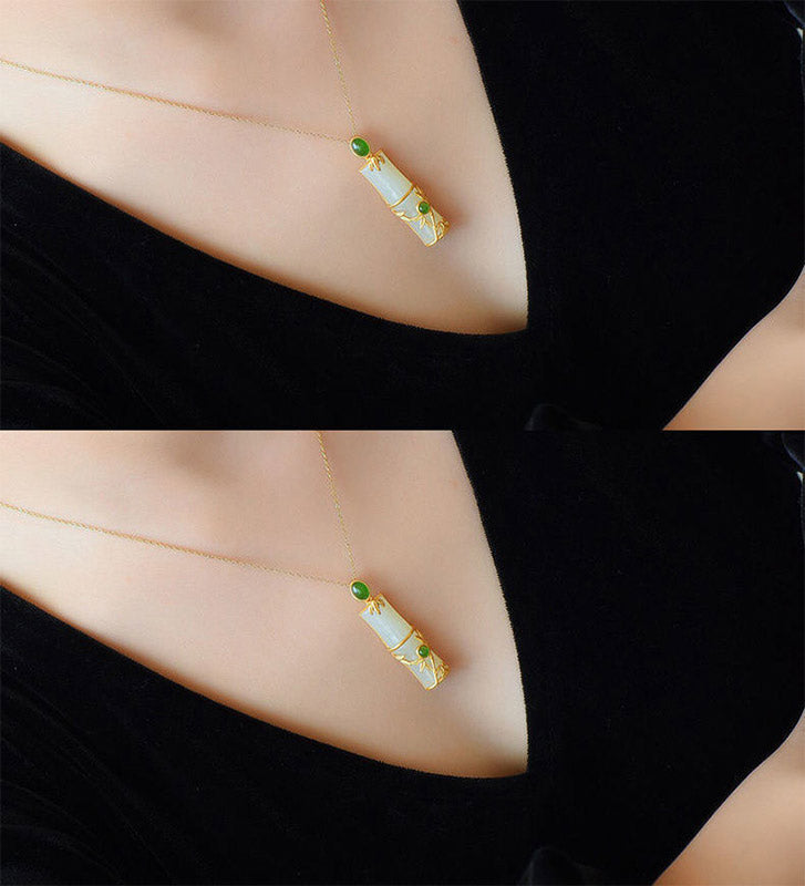 Colgante de collar de protección de bambú de jade cian de jade blanco con Buddha Stones
