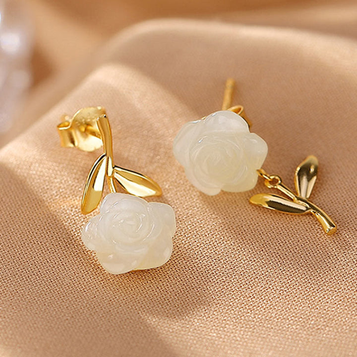 Pendientes de la suerte con perlas de jade cian y flor de rosa de jade chapado en plata de ley 925 con Buddha Stones