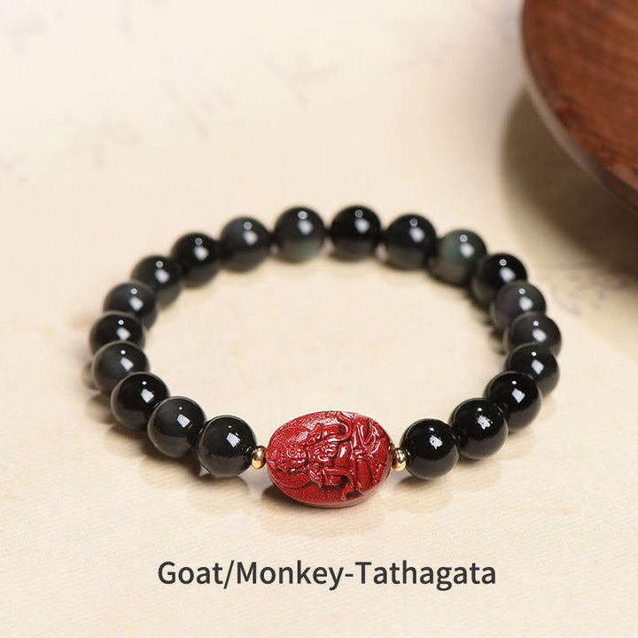 Pulsera de purificación de cinabrio de obsidiana negra Natural de Buda natal del zodiaco chino con Buddha Stones