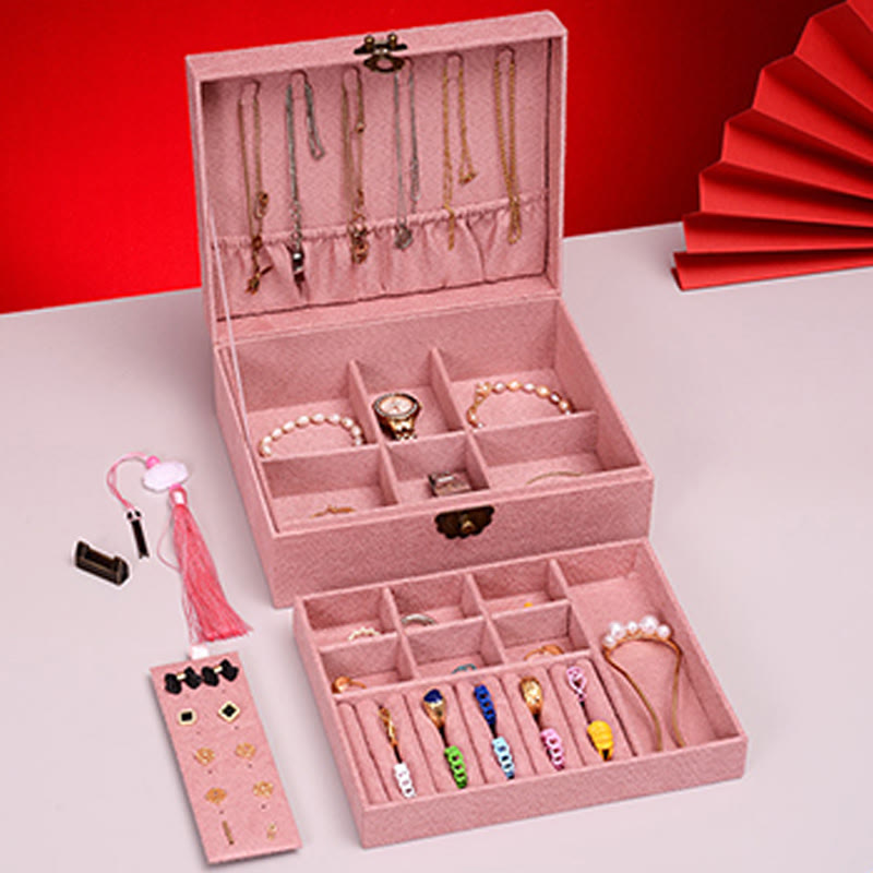 Caja organizadora de joyas de diseño Simple con Buddha Stones, caja de almacenamiento de joyas de dos capas, caja de franela con cerradura - image 16