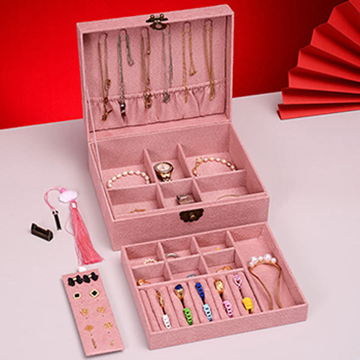 Caja organizadora de joyas de diseño Simple con Buddha Stones, caja de almacenamiento de joyas de dos capas, caja de franela con cerradura - image 16