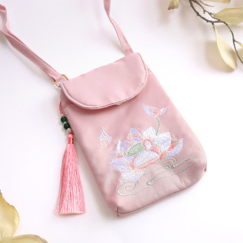 Bolso bandolera con flores bordadas pequeñas y Buddha Stones, bolso de hombro, bolso para móvil de doble capa