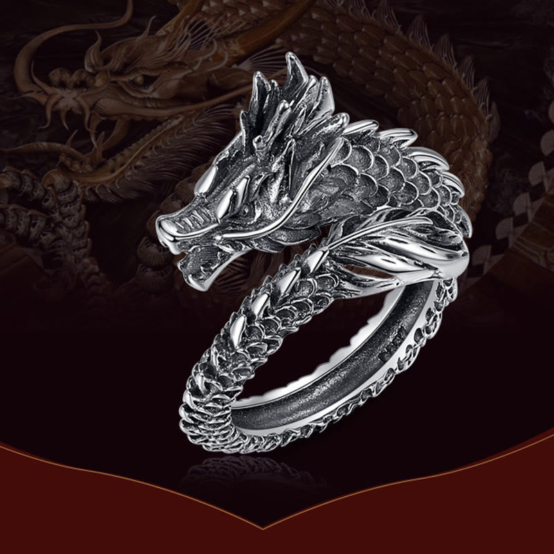 Anillo ajustable de plata de ley 925 con Buddha Stones , diseño de dragón vintage, protección del éxito, fuerza