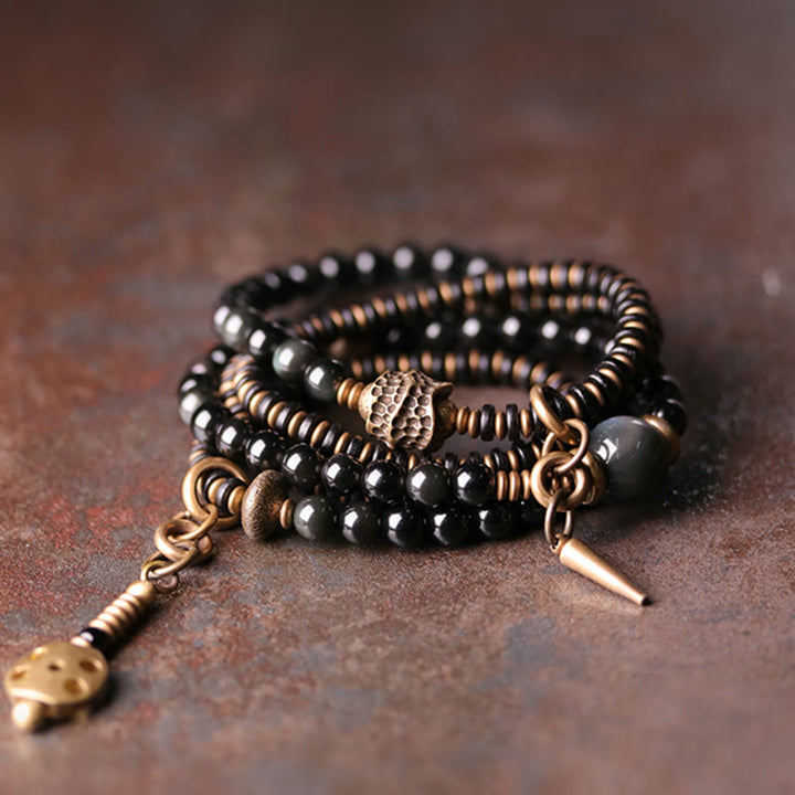 Pulsera multicapa positiva de cobre y madera de ébano, obsidiana, arcoíris , Buddha Stones