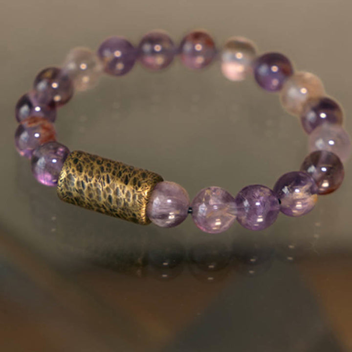 Buddha Stones Cristal blanco Cuarzo hematoide rojo Cuarzo rutilado dorado Pulsera de protección fantasma púrpura