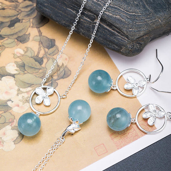 Collar con pendientes de plata de ley 925 con Buddha Stones , hoja de aguamarina natural, flor y paz
