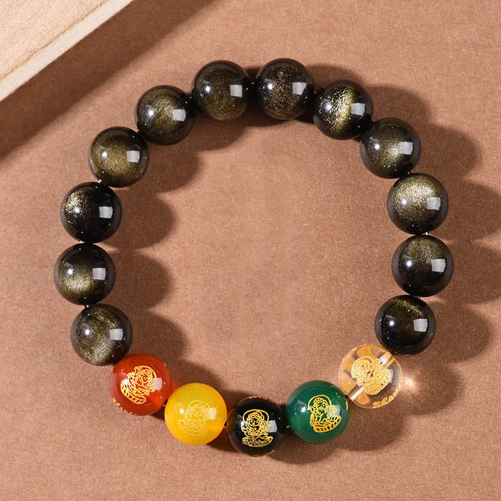 Buddha Stones Obsidiana con brillo dorado Obsidiana arcoíris Obsidiana negra Cinco direcciones Dioses de la riqueza Pulsera