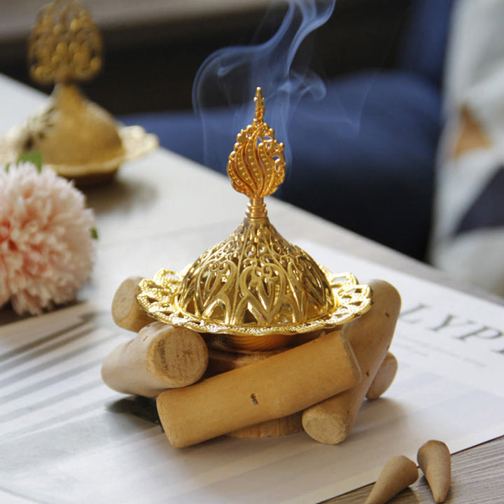 Mini quemador de incienso curativo de aleación de oro con decoración del hogar de posavasos de madera