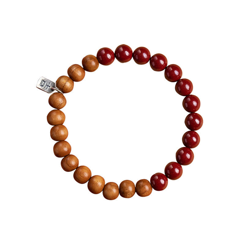 Pulsera de cinabrio de madera de melocotón de plata de ley 925 con Buddha Stones para protegerse de los malos espíritus