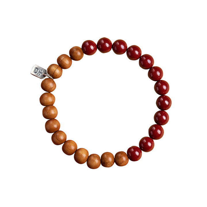 Pulsera de cinabrio de madera de melocotón de plata de ley 925 con Buddha Stones para protegerse de los malos espíritus