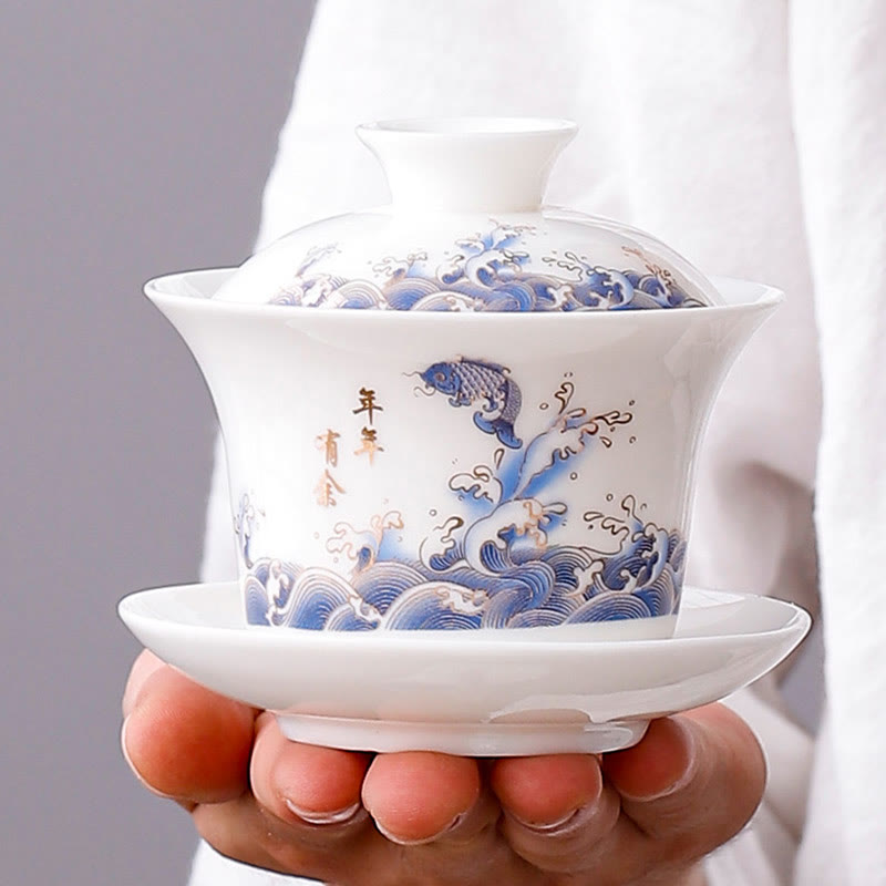 Taza de té y platillo con tapa, porcelana blanca, paisaje de montaña, campo, cerámica, Gaiwan, Kung Fu , Buddha Stones